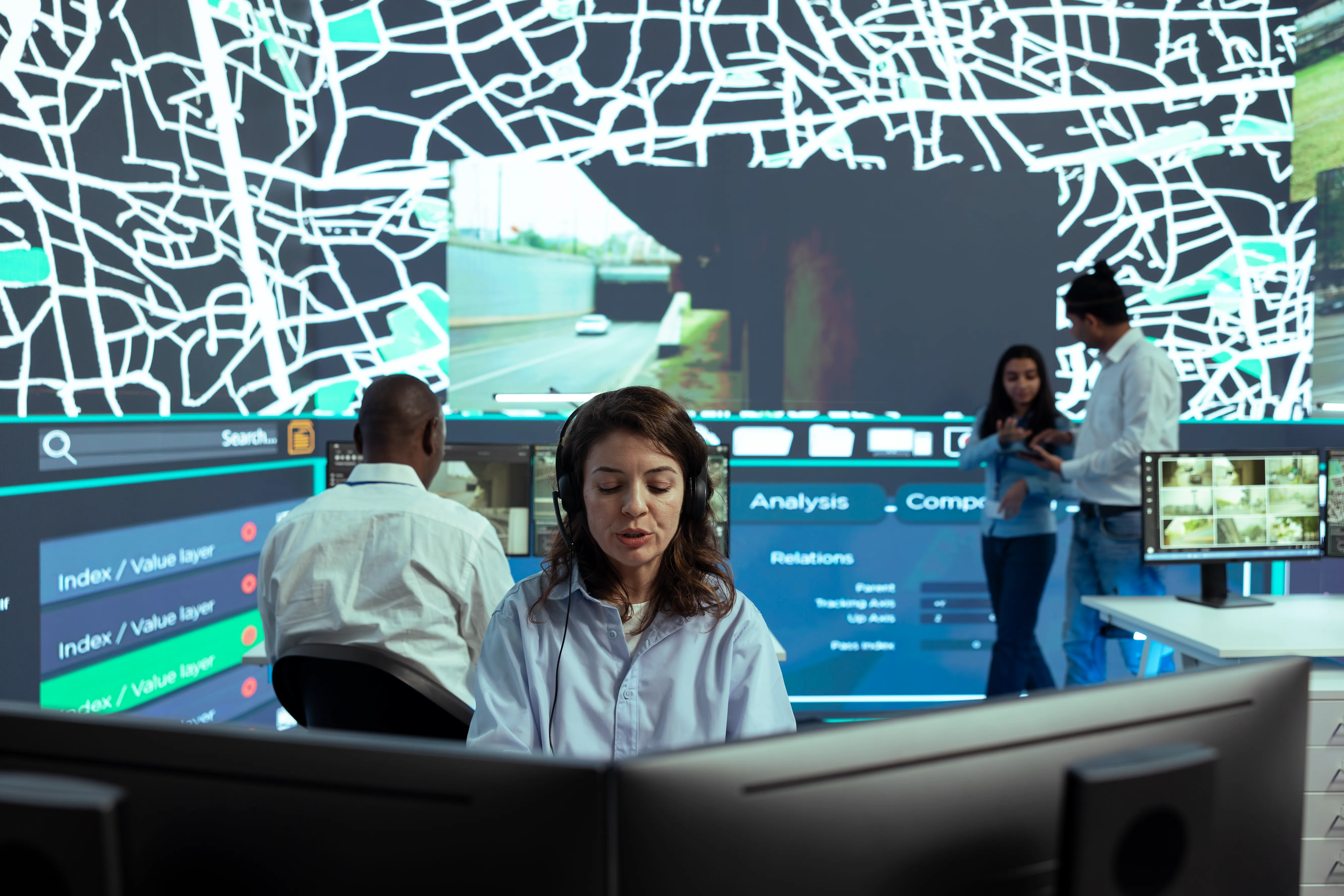 Centro de operaciones con pantallas de mapas y video, gestionando sistemas con información de GPS satelital.